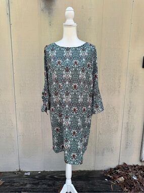 H&M Morris & Co. Green Floral-Print Midi Dress with Burgundy Accents